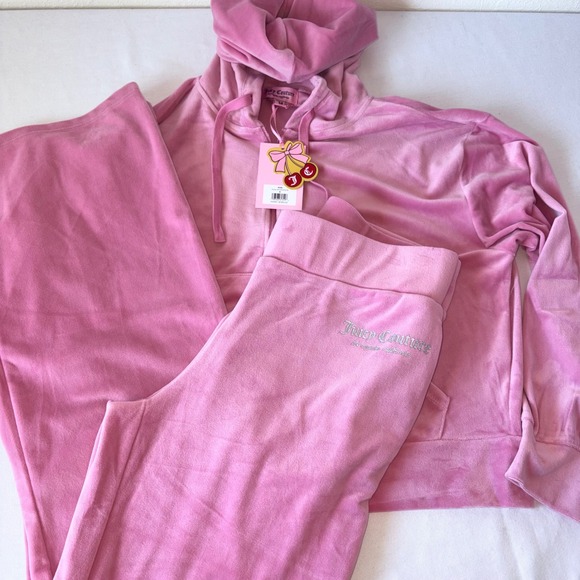 Juicy Couture Pink Velour Tracksuit Hoodie & Wide Leg Pants Set Silver Logo m - Picture 11 of 16